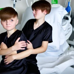 Russian tomboy boyish boylike short man's haircut boyish features in black girlish nightgown in hospital in delivery