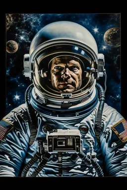 A movie oil coloured poster of an astronaut , looking up camera view for the whole body Michele Anglo style