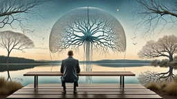 a figure sits with his back to the camera on a beautiful bench in a beautiful landscape and overlooking the water of the nearby lake, calm, harmonious atmosphere, muted, not too colorful colors, Whimsical style and big neuron network in giant dome background on sky, surreal stunning vibe