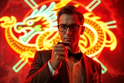 bob saget as james bond the spysex dragon coin multi color neon sign on fire, ultimate psychedelic beauty, wide angle