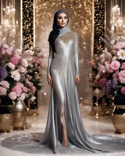 length picture full body luxury glitter sparks bright shiny background photography A pretty woman hijab super model dubai,beauty cosmetic make up face,sweet pose surrounded by variety flowers she wearing luxury gown traditional arabian full of sparkling black silver diamonds