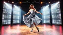 very beautiful 1 lady with makeup bob hair pretty long skirt and bluose high heels, full body dancing gracefully in modern stage,dynamic lights