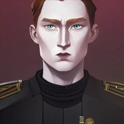 general hux 3/4 view, wearing a black First Order uniform, serious, imposing figure, thick eyebrows, digital art, wearing a black First Order uniform, green eyes, gray background, sepia filter