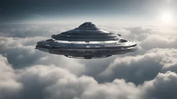 Photoreal magnificent floating halo-like or ring-like ancient space ship floating above the clouds by lee jeffries, otherworldly creature, in the style of fantasy movies, photorealistic, shot on Hasselblad h6d-400c, zeiss prime lens, bokeh like f/0.8, tilt-shift lens 8k, high detail, smooth render, unreal engine 5, cinema 4d, HDR, dust effect, vivid colors