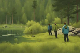 3 men watching a lake monster, cartoon style Simon Stålenhag