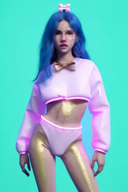 Ultra Realistic image, Rosalía artist, natural body ,portrait, normal complexion, portrait, clean skin, two bows, little chopsticks hair , black eye long line, sweet face, t-shirt with holes, inflatable open coat, gold pink and blue style, spray line glow, big geometric led jewelry, fog, hot, inflatable style latex coat, vibrant color, highly detailed, art stations, concept art, smooth, unreal engine 5, god rays, ray tracing, RTX, lumen lighting, ultra detail, volumetric lighting, 3d.