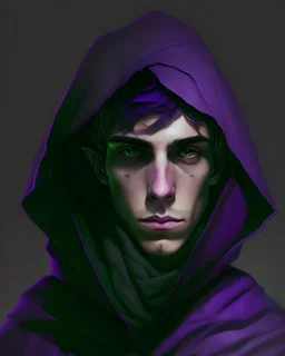 portrait of a mysterious and feminine male young hermit , he has purple hair, an attractive face. He is slim. He has green eyes. He is wearing a black luxurious cloak that has a hood that partially obscures his face with shadow