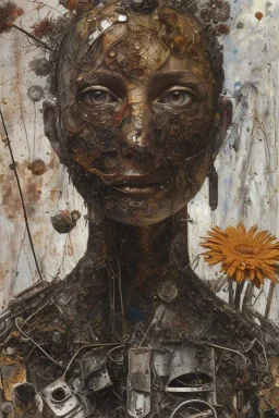 an abstract painting of rusted metal and flowers, by anselm kiefer and lucian freud, rust, scaffolding, iron cladding, decay, mixed media, textured, anatomically correct, beautiful perfect face, sharp focus, highly detailed