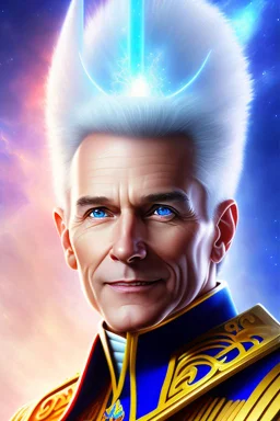 young cosmic admiral from the future, one fine whole face, large cosmic forehead, crystalline skin, expressive blue eyes, blue hair, smiling lips, very nice smile, costume