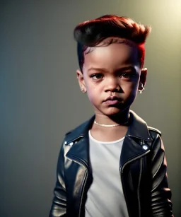 Rihanna toddler, full body, leather jacket, soft skin, dramatic lighting, hyper realistic