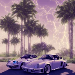 1980's aesthetic vaporwave palm trees and spheres and Porsche with lightning