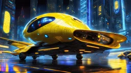 A masterpiece conceptual digital painting of a prototype, experimental, yellow(((Pac-Man)))-attack craft, with illuminated holographic eyes, pinstripes, and detailed LED light accents, in a glossy cyberpunk background, Syd Mead art style, sci-fi, cyberpunk, game art, intricate details, HDR, beautifully shot, hyperrealistic, sharp focus, dim foul lighting, 64 megapixels, perfect composition, high contrast, cinematic, atmospheric, moody.