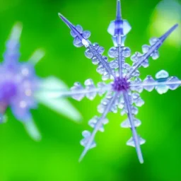 There are many green pointed tender leaves on the flower branches, many crystal clear lavender flowers, and translucent petals curled around its wet flower center. There are crystal dew on the flowers. The hazy gray blue background is clear, and several transparent snowflakes are falling,HD --ar 9:16