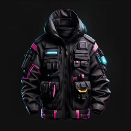 tactical jacket, black background, cyberpunk style, video game icon
