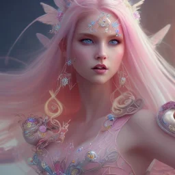 cheerful fairy, pink, blonde hair, beautiful, whole face, whole top hair head, wide open blue eyes, transparent wings onn the back, hyperrealism, masterpiece, expert, cinematic lighting, sharp focus, 8K, pastel, macro lens, woman, detailed, flower