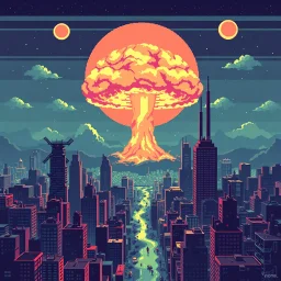 8 bit pixelart city, atomic mushroom cloud, synthwave, destroyed city