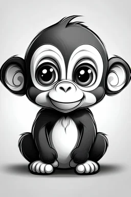 Draw a black and white cute cartoon character of a monkey