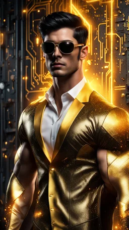 Hyper Realistic handsome muscular Electric-Superhero with short-black-hair wearing long-fancy-golden-tuxedo-with-yellow-circuit-patterns & fancy-sunglasses in a dark-rustic-circuit-room with electric-sparks-&-rays & a massive circuit-board-wall with-glowing-embers showing dramatic & cinematic ambiance.