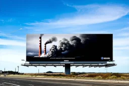 surreal full color photograph, long shot of a billboard on side of a highway containing a modern mural of giant smokestacks spewing thick dark billowy smoke that transgresses the billboard pouring into the real sky congealing into a cloud on the horizon, surreal, sophisticated, profound, dramatic