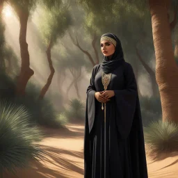 an Arabic woman wanderer, a female Dharma Bum of the desert, lost amidst the towering trees and tangled undergrowth of a mysterious forest. Clad in his traditional Abaya and revealing headscarf, symbols of his heritage and identity, the Arabic wanderer stands at a crossroads of worlds, her eyes reflecting the flickering shadows of the forest canopy above.