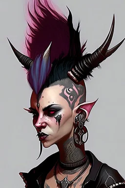 As tiefling teenage girl, she has lots of jewelry and the horns of a ram and also the horns of a gazelle, she has a mohawk and is punk, goth, covered in tattoos