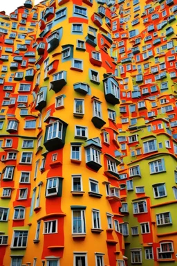 A crazy surreal incandescent building with flying fishes by artist "Sandy Skoglund",by artist "Hundertwasser",by artist "Victor Enrich"