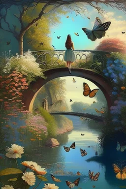 A garden in which there are butterflies birds, and there is a long river in it, and a bridge above it, and on the bridge a girl and a man walk