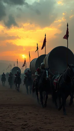 Bosch painting style nightmare , 3D ,a group of Roman wagons pulled by horse guarded by strong soldiers with sticks dramatic misty scene of the sunset time in a stormy weather in the desert background, high Quality picture , 8k