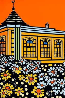 An orange colored desert palace with daisies painted by Roy Lichtenstein