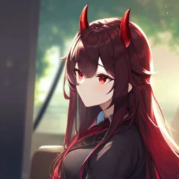 Clear focus,High resolution,High quality, Black long hair, Red eyes, Red horns, Taking a nap