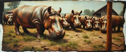 airbrush and pen outline, close up on hippo farm , pinhole cam, airbrush 3d rendering, in the style of Titian and Rembrandt , torn edges on border