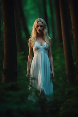 young woman small in stature Her features were soft, and her blonde hair framed her petite face.she wore was a thin white nightdress, which ended just above her knees. green/blue eyes. realistic 4k darkfantasy forest