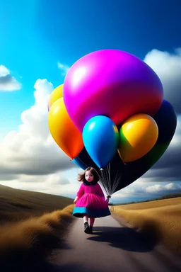 Carry a little girl home my trusted balloons, colorful, surrealism