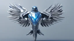 generate a futuristic , sportive silver-blue shining car with the look of a falcon. the falcon should be the logo of the car and the wings have to be morphed into the side of the car