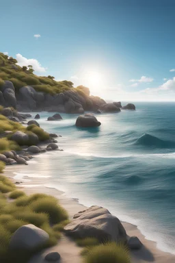 4d photographic image of a landscape, blue sky, ocean, shore, realistic, vivid colors octane render trending on artstation, artistic photography, photorealistic concept art, soft natural volumetric cinematic perfect light, UHD no background, minimal