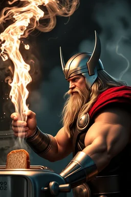 The mighty God Thor sees the toaster spit out some bread