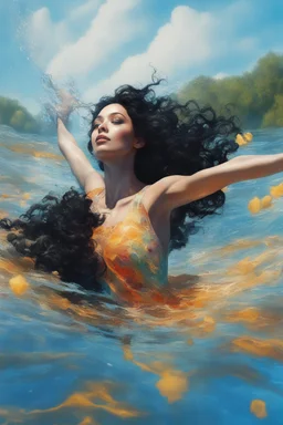 Abstract image of a beautiful woman with curly black hair floating in a river, looking up to the sky, arms stretched out, looking greatful, clear blue sky's, bright colours, 8k, super realistic, crystal clear waters