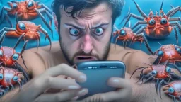 guy looks creepy while watching censored videos on smartphone surrounded by tiny crabs