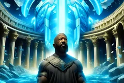 un grand homme brun à la barbe noir est au milieu d'un cercle de cristaux de roche bleus et blancs flotte dans le ciel entouré d'un puissant faisceau lumineux, cité perdue d'atlantis, il y a plusieurs colonnes reliés du ciel à la terre contenant des gravures celtiques avec des flammes blanches à leurs éxtrémités, présence d'ange