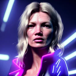 kate moss, blonde replicant woman, blade runner style, rain, fog, neon ambient, gradient color, clean skin, circuits, latex coat, cyber punk, neon, tubes, portrait, studio photo, unreal engine 5, smooth color, 16 bit, god lights, ray tracing, RTX, lumen lighting, ultra deatail, volumetric lighting, 3d, finely drawn, hd.