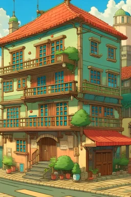 a house in a city, ghibli style