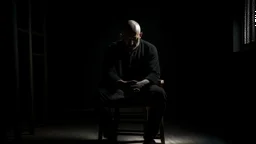 ، يظهر رجل جالس على كرسي في غرفة مظلمة. وجهه غير واضح، لكن يمكن رؤية عينيه مغمضتين. الرجل يرتدي ملابس سوداء، ويبدو أنه في حالة من الهدوء والتأمل.