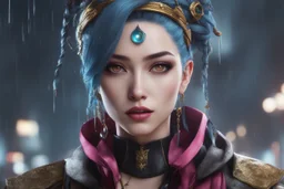 Jinx in 8k anime cgi artstyle, arcane them, crazy eyes, close picture, rain, apocalypse, intricate details, highly detailed, high details, detailed portrait, masterpiece,ultra detailed, ultra quality