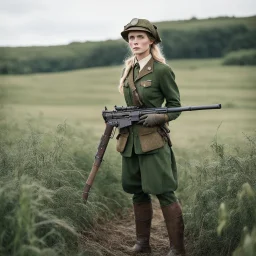 [standing in a Cornwall field] A woman elf, clad in a dirty World War I worker's uniform, her delicate features stark against the rugged attire. But what truly caught the eye was the heavy machine gun she carried with ease, a juxtaposition of elegance and power that defied conventional stereotypes.