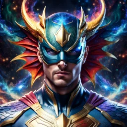 Full body ultra realistic photo portrait of superhero man with stylized dragon mask over his eyes and forehead cosmic energy, colorful, painting burst, beautiful symmetrical face, nonchalant kind look, realistic round eyes, tone mapped, intricate, elegant, highly detailed, digital painting, artstation, concept art, smooth, sharp focus, illustration, dreamy magical atmosphere, full body