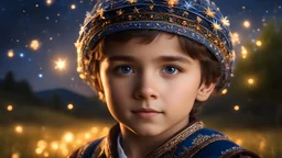little very young Bulgarian boy, handsome, peaceful, gentle, confident, calm, wise, happy, facing camera, head and shoulders, traditional Bulgarian costume, perfect eyes, exquisite composition, night scene, fireflies, stars, Bulgarian landscape, beautiful intricate insanely detailed octane render, 8k artistic photography, photorealistic concept art, soft natural volumetric cinematic perfect light, chiaroscuro, award-winning photograph, masterpiece, Raphael, Bouguereau, Alma-Tadema