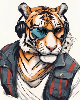 Funny and stylish tiger wearing sunglasses, listening to music illustration, white background, no shadows and clear and well outlined