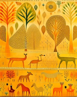 A light orange color savanna filled with animals designed in Australian aboriginal art painted by Paul Klee