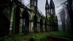 REMAINS OF A DESTROYED GOTHIC CATHEDRAL WORN BY TIME AND POISONOUS GROVE IVIES, ON A DARK DAY, GOTHIC STYLE, MYSTERIOUS AND EVOCATIVE