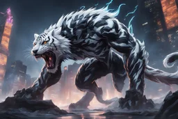 Venom beast in 8k solo leveling shadow artstyle, ice white tiger them, neon effect, full body, apocalypse, intricate details, highly detailed, high details, detailed portrait, masterpiece,ultra detailed, ultra quality